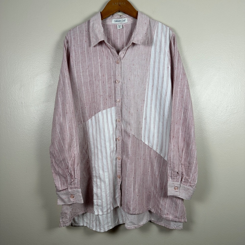 Coldwater Creek Womens PXL Button Up Tunic Mauve Striped Mixed Media Long Sleeve